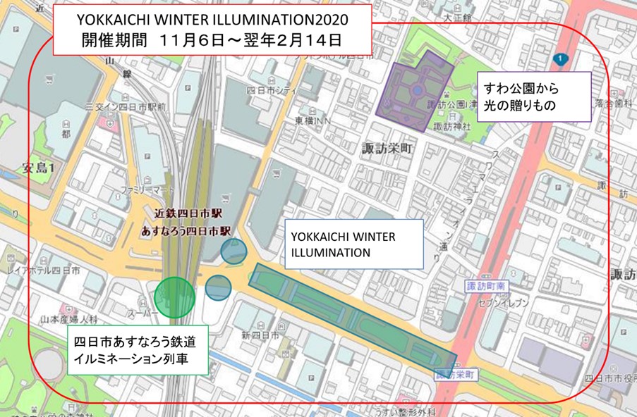近鉄四日市駅周辺のイルミネーション位置図