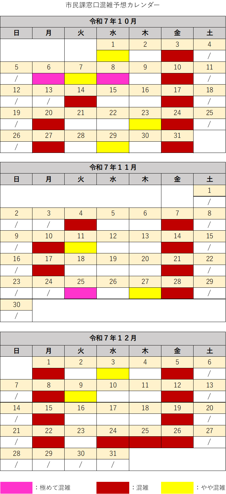 10～12月の混雑予想カレンダー